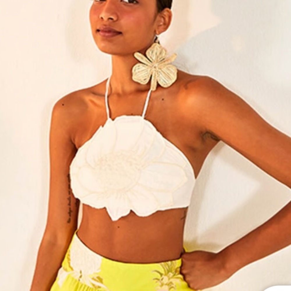 Farm Rio Flower Linen Crop Top gorgeous beading detail size Large Resort Wear